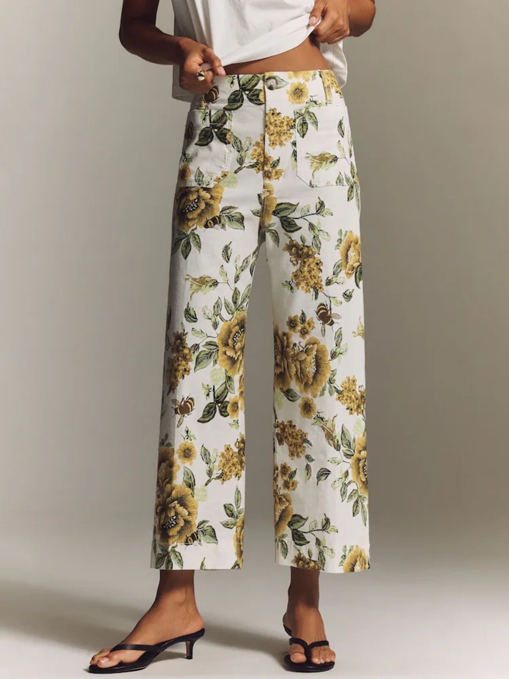 Anthropologie Maeve Colette Linen Blend High-Rise Wide-Leg Cropped Pants Floral